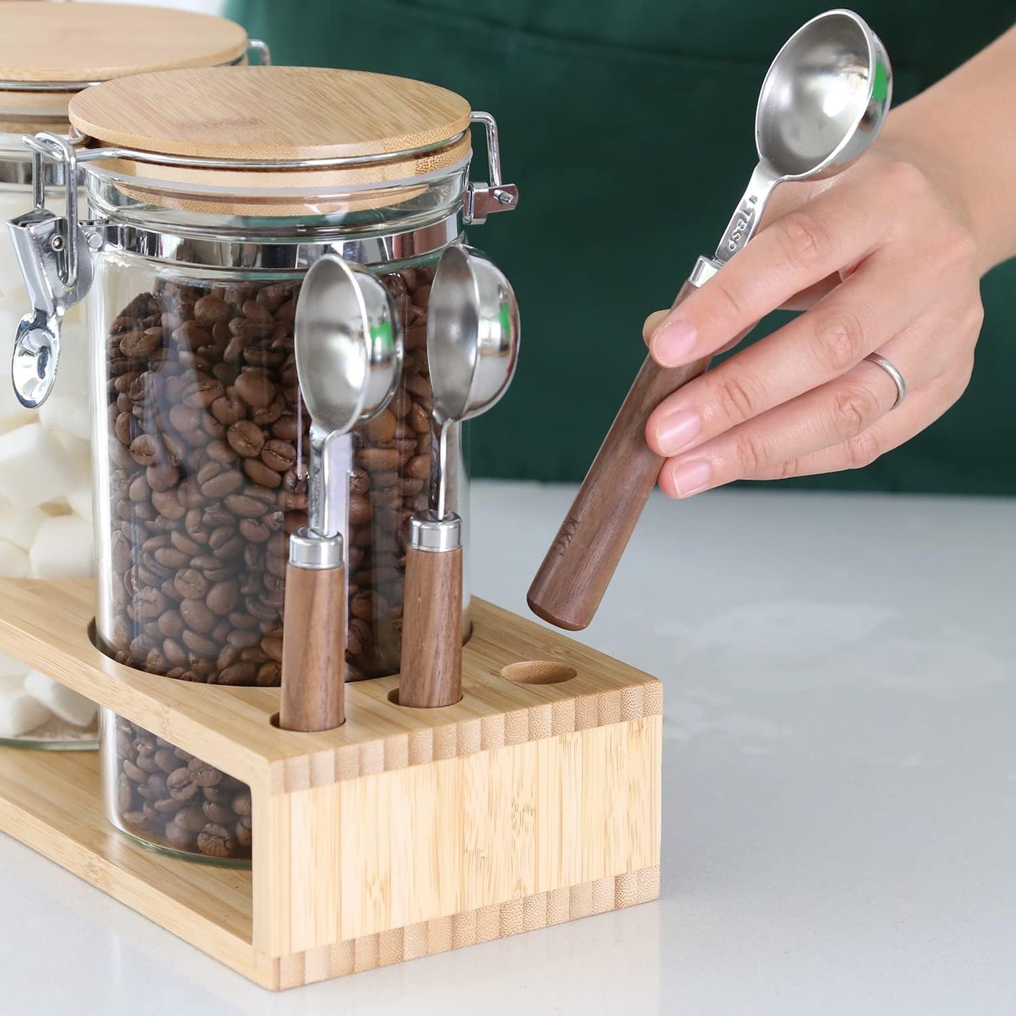 KKC HOME ACCENTS Glass Canisters with Airtight Hinged Lids and Scoops,Sealed Glass Storage Jar Containers for Coffee Beans,Loose Leaf Tea,Sugar,Ground Coffee,Matcha,Bamboo Lid Airtight Jars