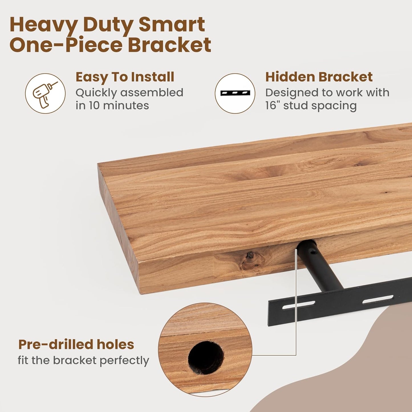 Floating Shelves for Wall Decor, Rustic Solid Elm Wood Live Edge Floating Shelves Wall Mounted, Wall Shelves with Invisible Bracket for Living Room Bathroom Bedroom Kitchen, 24 Inch Set of 2, Natural