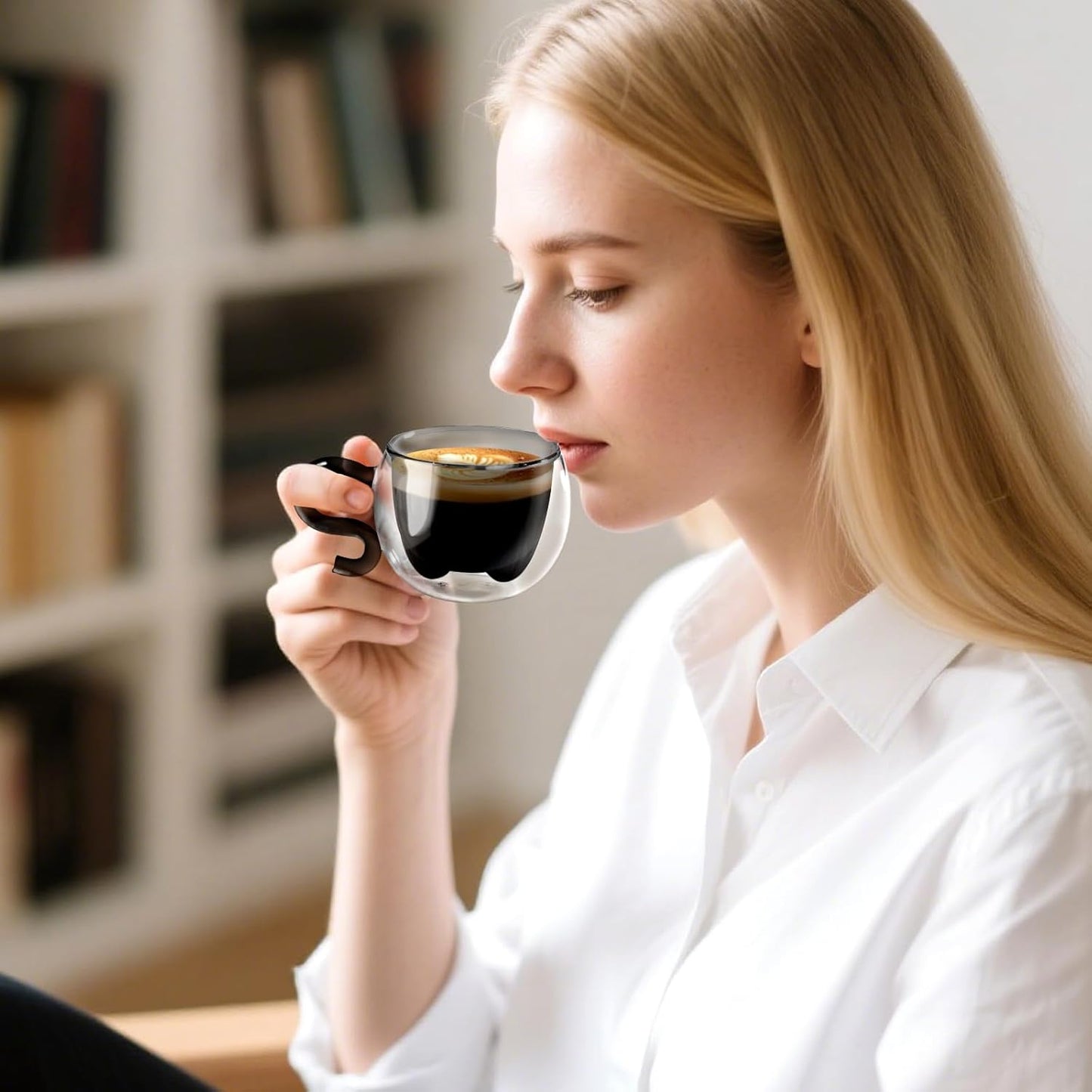 ecooe 4.4 Oz Black Cute Cat Double Wall Glasses Espresso Cups Set of 2, Demitasse Cups, Espresso Shots Coffee Cups Birthday Christmas Gifts for Women,Men, Mum, Kids, 130 ml (full capacity)