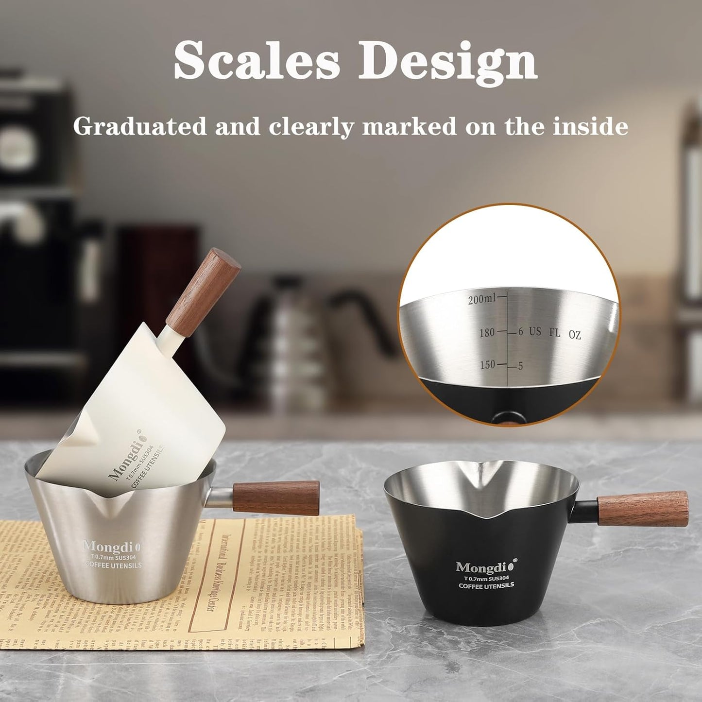 Mongdio 2 Pcs Espresso Measuring Cup, Stainless Steel Espresso Shot Cups with Wooden Handle and Double Spouts, 6.8OZ/200ML, Black