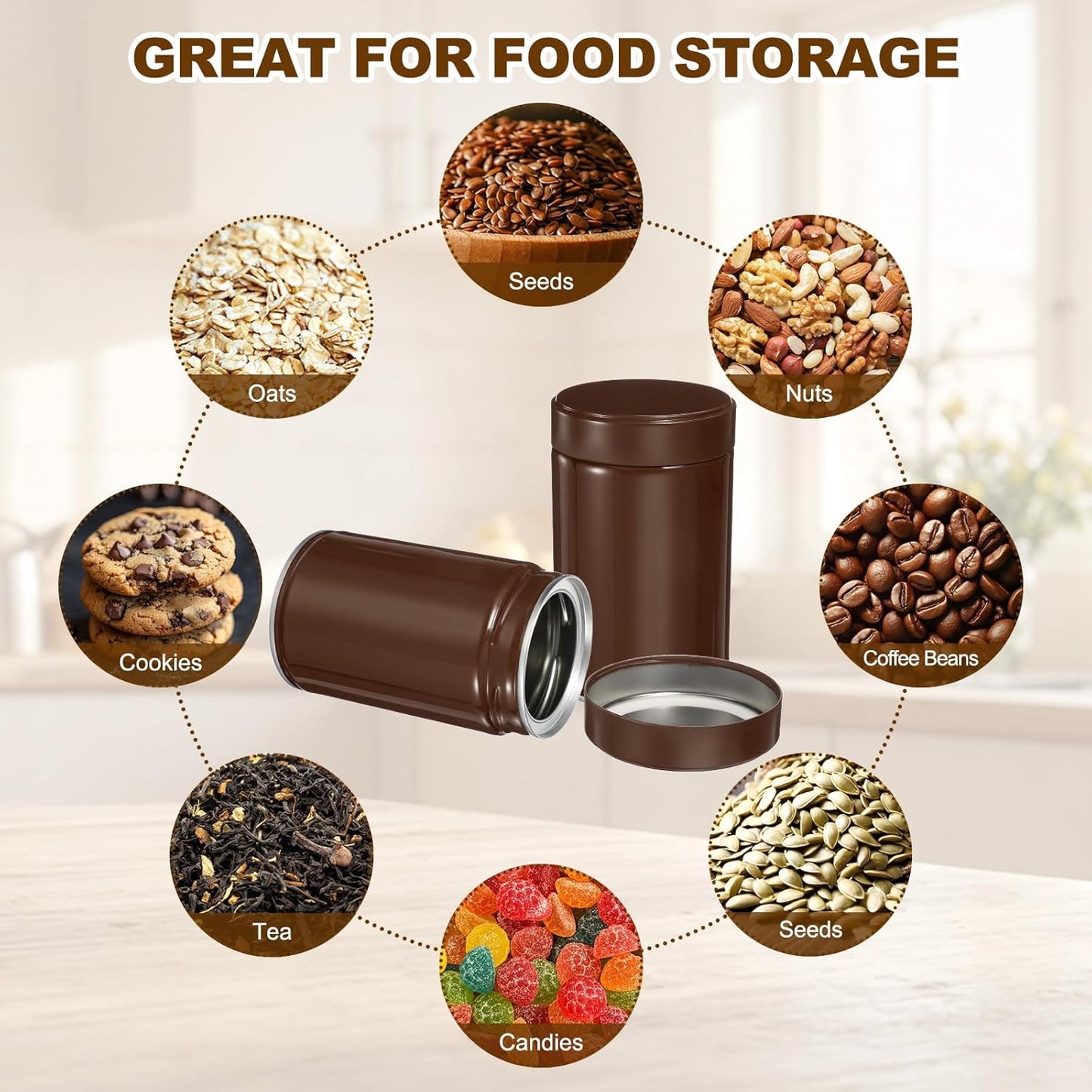 uxcell 2Pcs Round Tea Canisters, 5" x 3" Airtight Metal Tea Containers for Loose Tea, Coffee Beans, Spices - Durable, Compact, and Stylish Storage Tea Tin (Brown)
