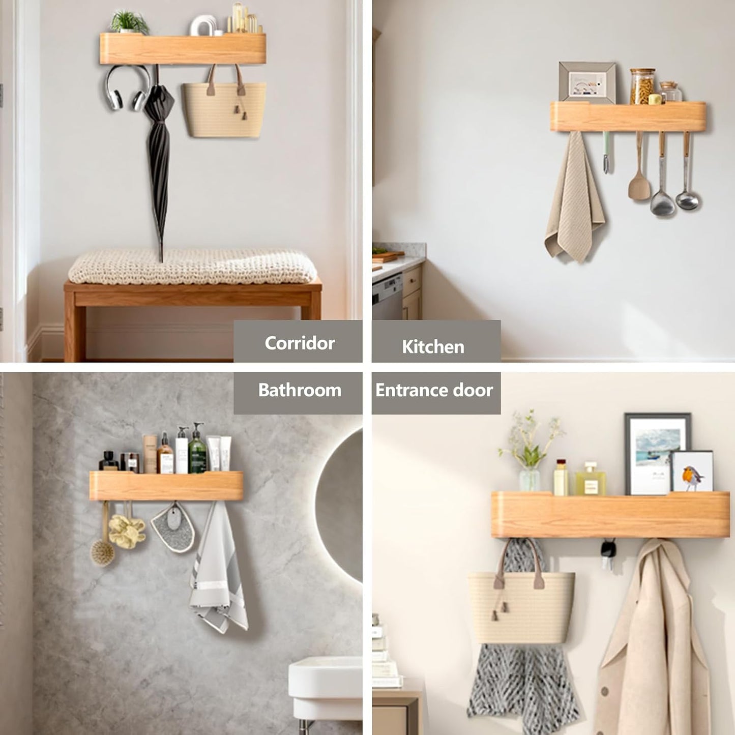 Coat Rack Wall Mount Entryway Organizer Modern Key Holder Wall Mount with Wooden Shelf Entryway Hooks for Bedroom Kitchen Hallway Bathroom for Hanging Coats Hats Bags Towels