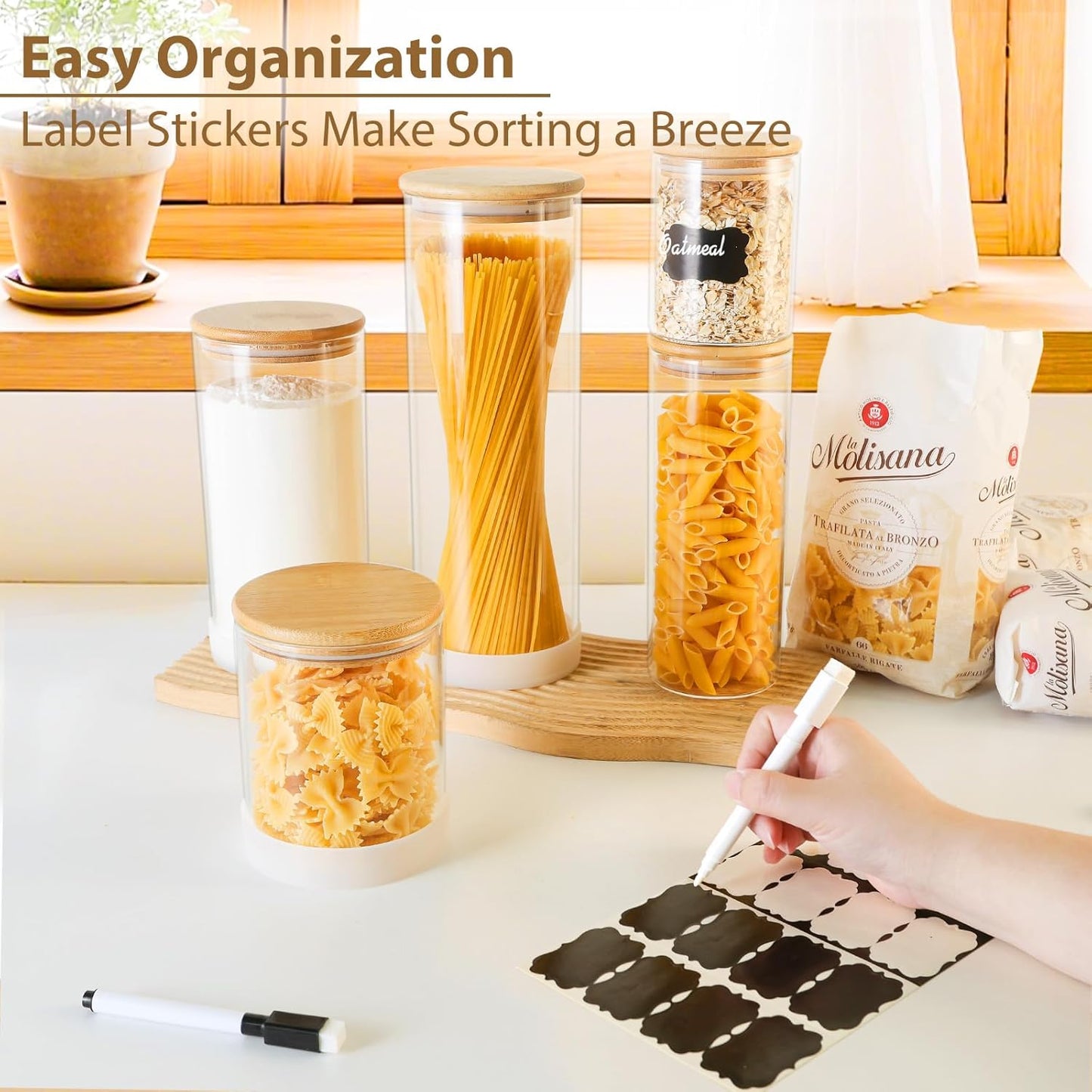 Glass Storage Containers with Bamboo Lids – 7 Pack Airtight Clear Glass Jars in Mixed Sizes (17oz/25oz/34oz/53oz/73oz) for Pantry Organization, Kitchen Dry Food, Coffee, Flour, Pasta & Snacks