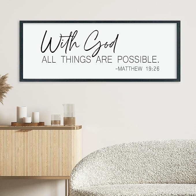 LuZhiQiang With God All Things Are Possible Wall Decor 40"×15" Matthew 19:26 sign Bible Verse Scripture for Living Room Large Wood Framed Wall Hanging Art (Black)