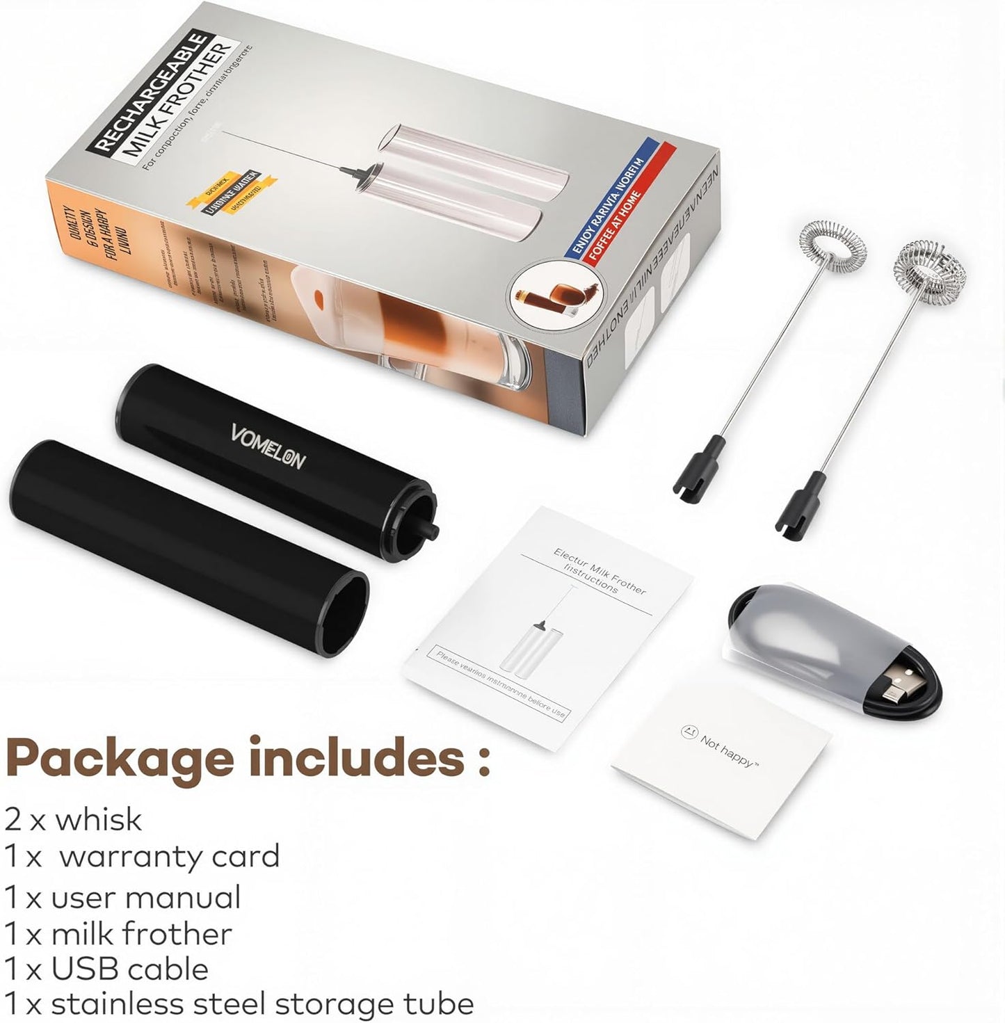 Rechargeable Milk Frother Handheld Electric Frother Wand Milk Foamer Drink Mixer for Coffee, Lattes, Cappuccino, and Egg, Stainless Steel for Travel-Black