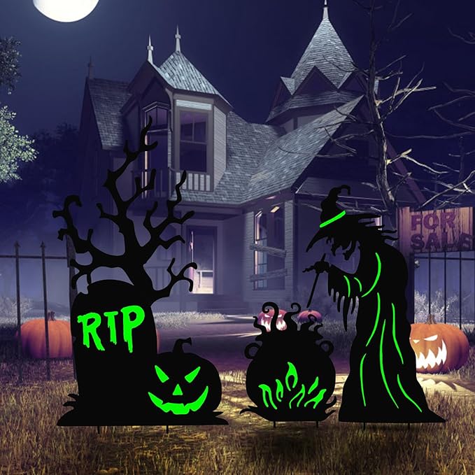 Halloween Yard Signs Outdoor Decorations,3 Pack Scary Large Witch Tombstone Cauldron Fluorescent Metal Stakes Glow in The Dark for Lawn Garden Halloween Decor (Large Witch Tombstone Cauldron)