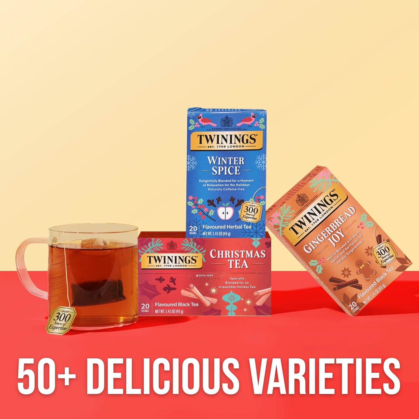 Twinings Christmas Black Tea Individually Wrapped Bags, 20 Count (Pack of 1), Aromatic Cinnamon & Clove, Caffeinated, Enjoy Hot or Iced, 20 Teabags