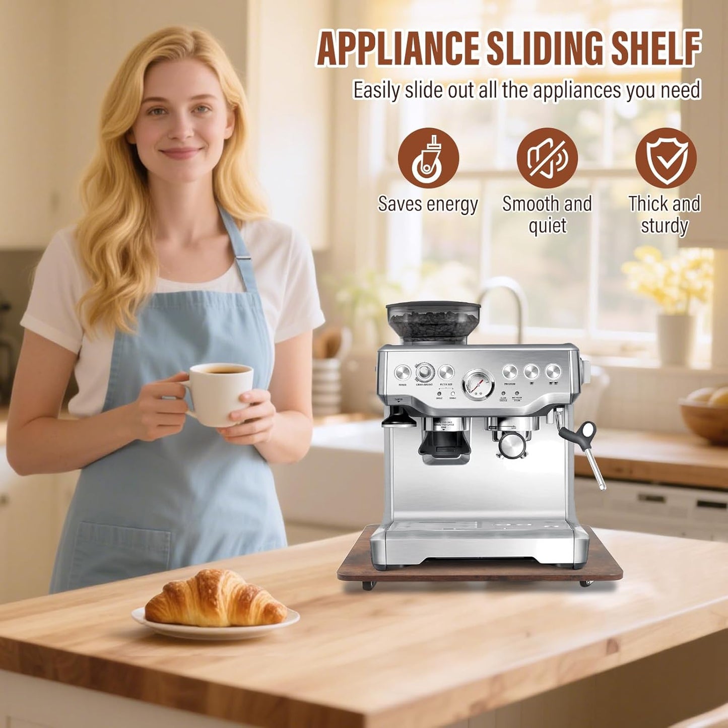 360° Appliance Slider Sliding Tray, Coffee Maker Rolling Tray for Counter Under Cabinet Coffee Pot Mat for Espresso Machine, Toaster, Air Fryer, Quiet Wheels, Brown (Large 15.7"×13")
