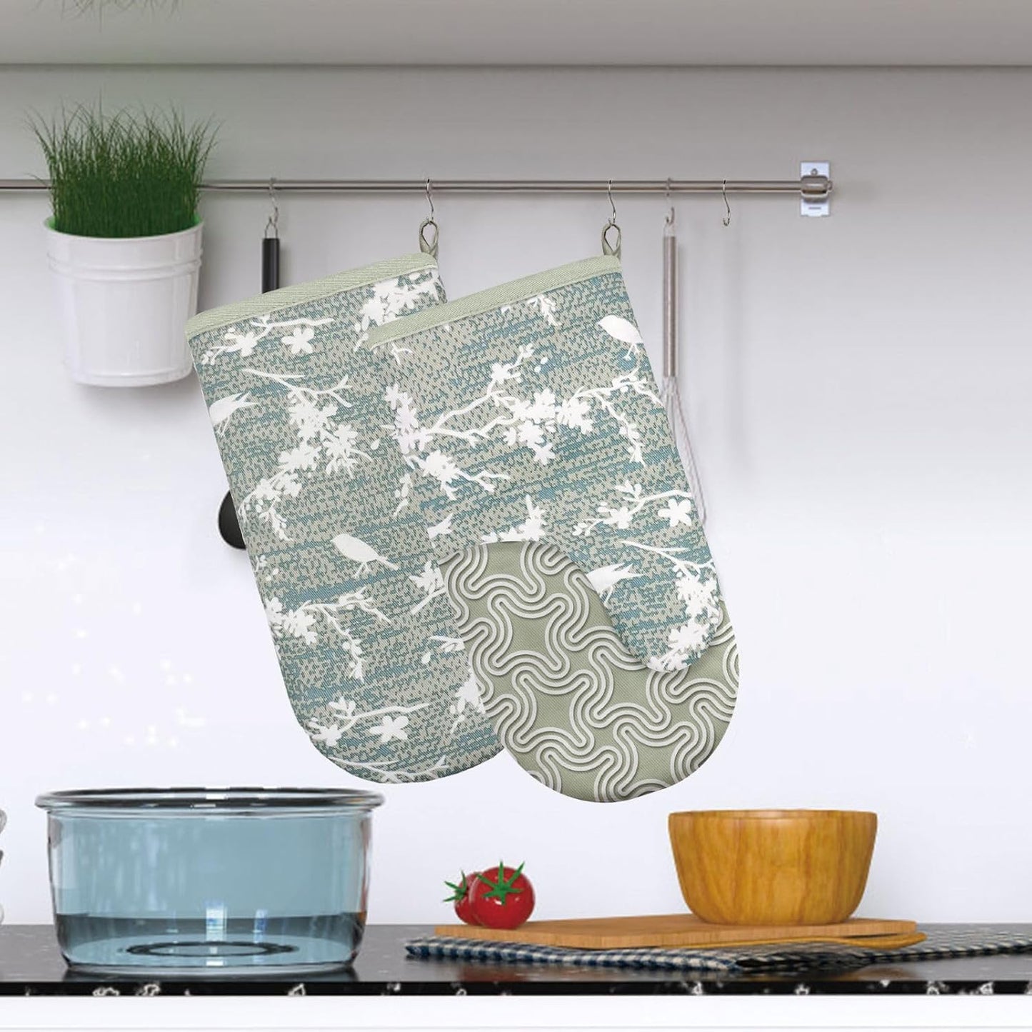 Thumb Oven Mitts, Heat and Slip Resistant Silicone Kitchen Mittens 2-Pack Set, Aqua Birds Soft Long Oven Gloves, Flexible Thick Potholders for Safe Baking Cooking and Grilling (Aqua)