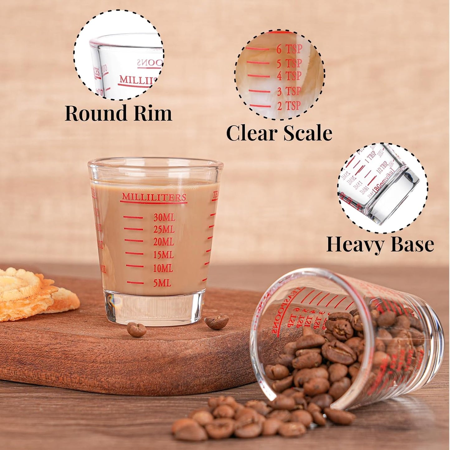 Shot Glasses Measuring cup Espresso Shot Glass Liquid Heavy Wine 2 Pack 26-Incremental Measurement 1oz, 6 Tsp, 2 Tbs, 30ml (2 pack-red)
