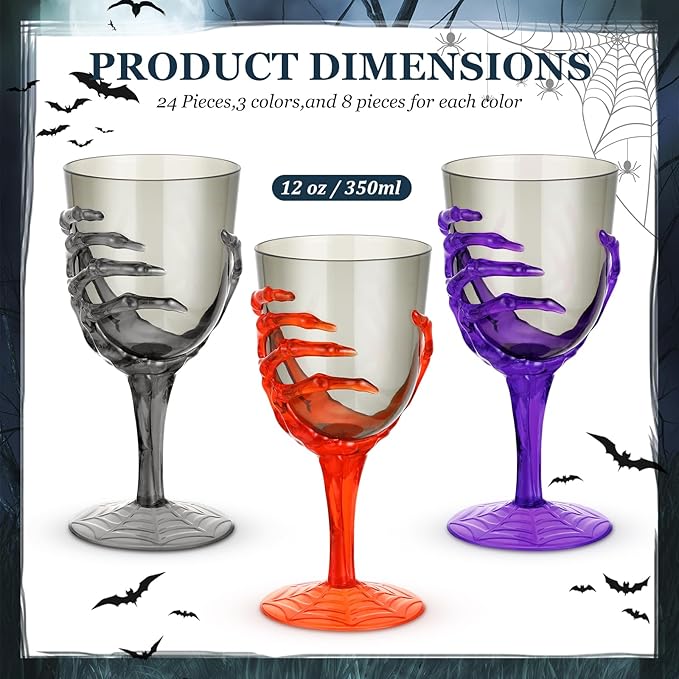 Dandat 24 Pcs Halloween Skeleton Hand Goblets 12oz Clear Plastic Halloween Cups Skull Wine Glass Set for Creepy Spooky Party Decorations(Black, Purple, Orange, Gray)