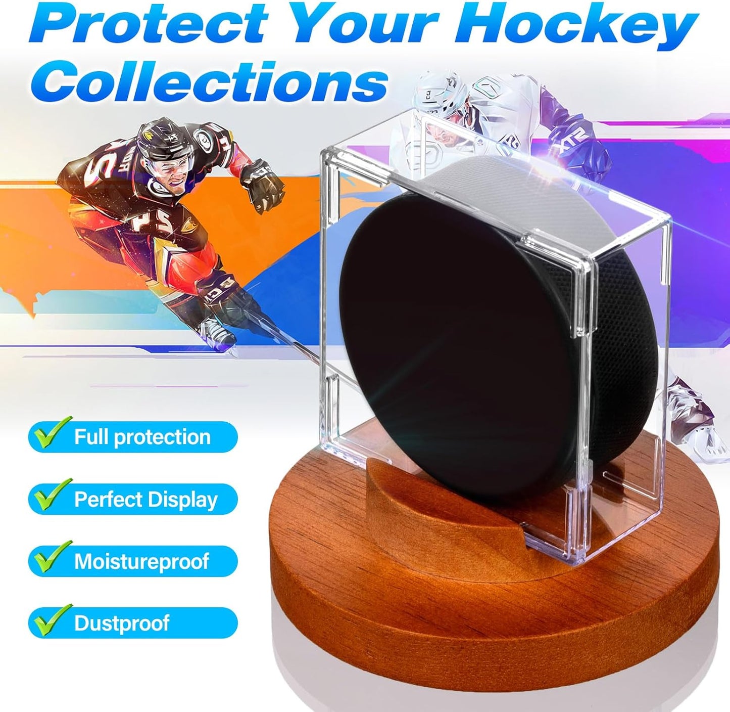 Hockey Puck Display Case - Acrylic Box, Hockey Puck Holder with Wooden Base, Hockey Pucks Storage Stand for Collection Memorabilia (1 Pack, Square)