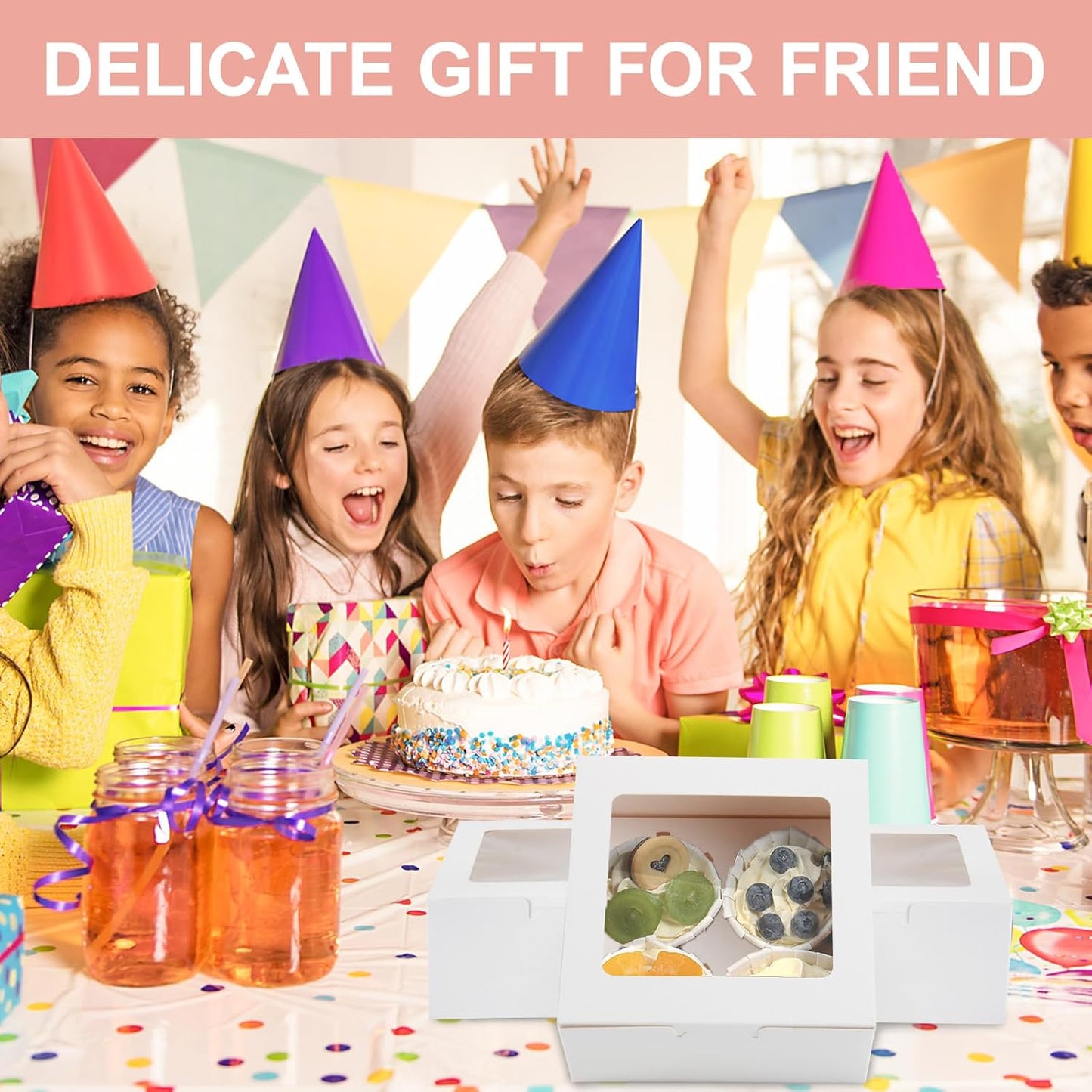 OAMCEG 50 PCS White Cupcake Boxes with Window and Insert, 6x6x3 Inch Kraft Treat Boxes with 4 Cavity for Cookies, Pastries, Desserts, with Stickers & Jute Twine