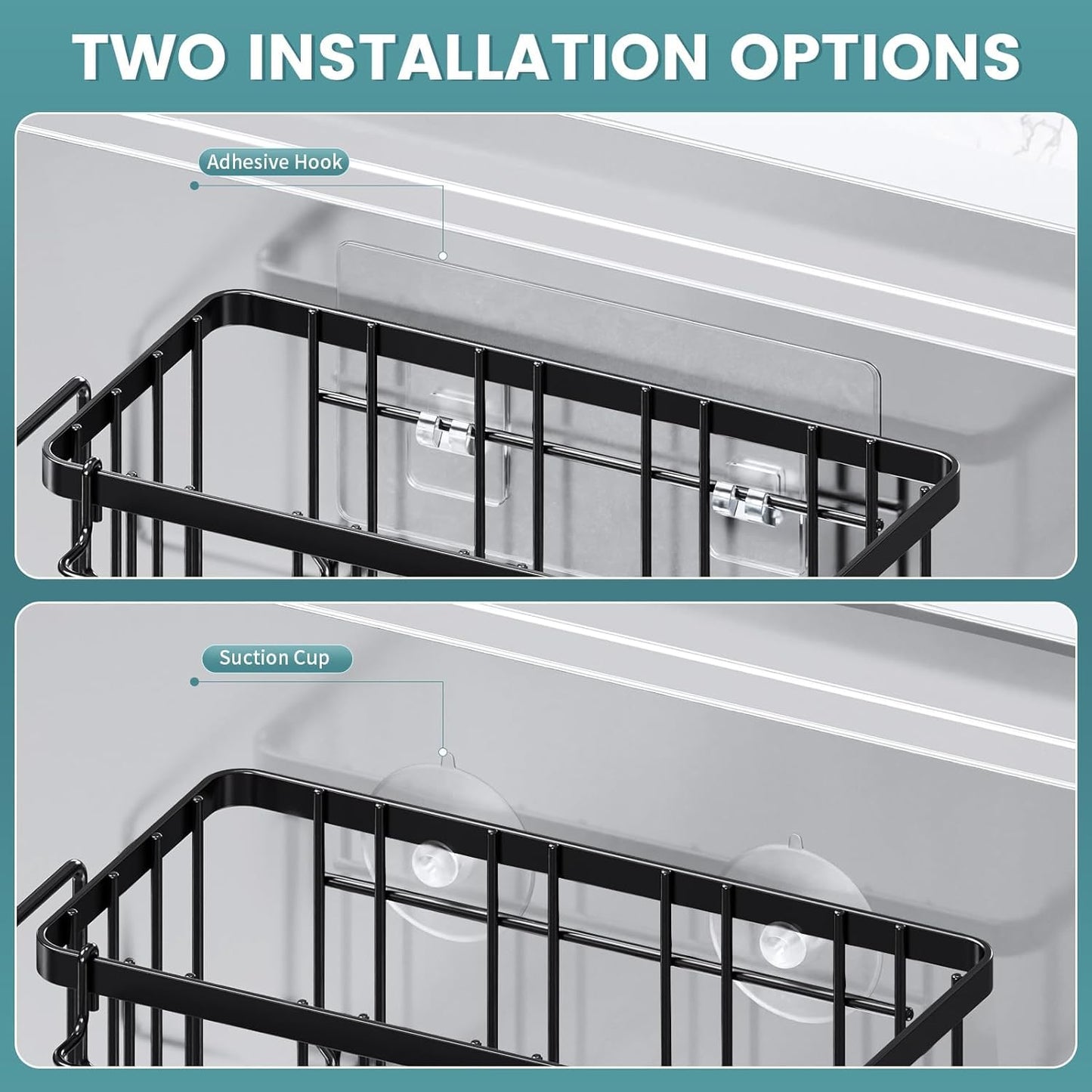 StorageRight 4-in-1 Sponge Holder for Kitchen Sink, Kitchen Organizers and Storage with Adhesive Hook & Suction Cups, Rustproof Sink Caddy for Kitchen Decor, Kitchen Sink Organizer - Black