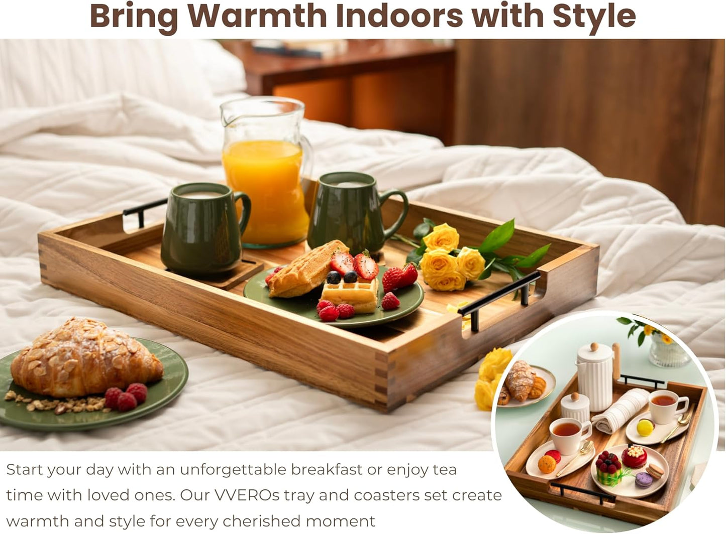 Acacia Wooden Ottoman Tray for Living Room & 6 Coasters Set – 21" Large Coffee Table Serving Tray with Handles, Perfect for Food, Drinks, Kitchen, and Home Decor