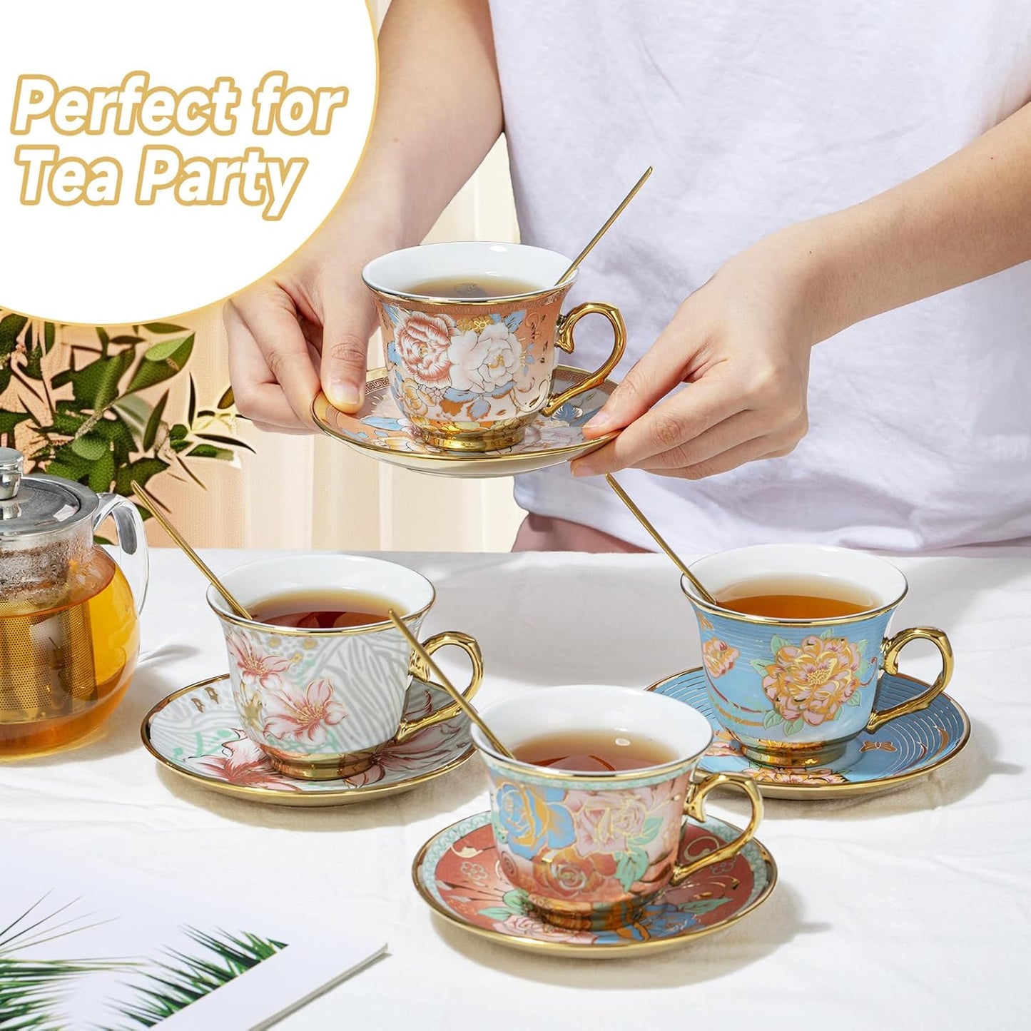 Tea Cups and Saucers Sets of 6, 8 Oz Floral Tea Cups with Spoons Ceramic Cup and Saucer Set for Cappuccino, Espresso, Coffee, Cafe, Latte, Tea for Tea Birthday