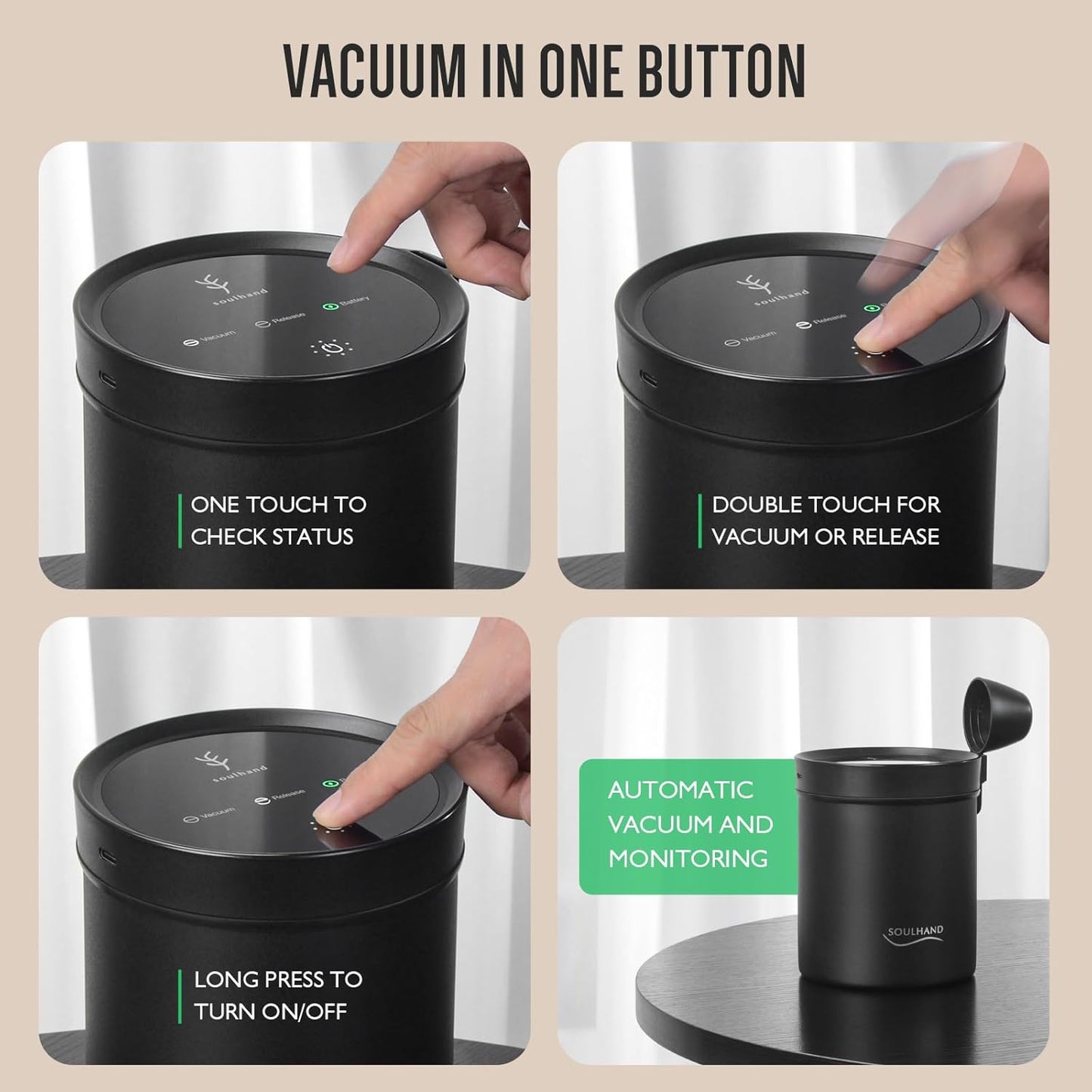 SOUL HAND Automatic Vacuum Coffee Canister for Coffee & Food Storage Airtight Sealed Coffee Storage Container, Stainless Steel Food Storage Containers for Coffee Beans - 1.2 L