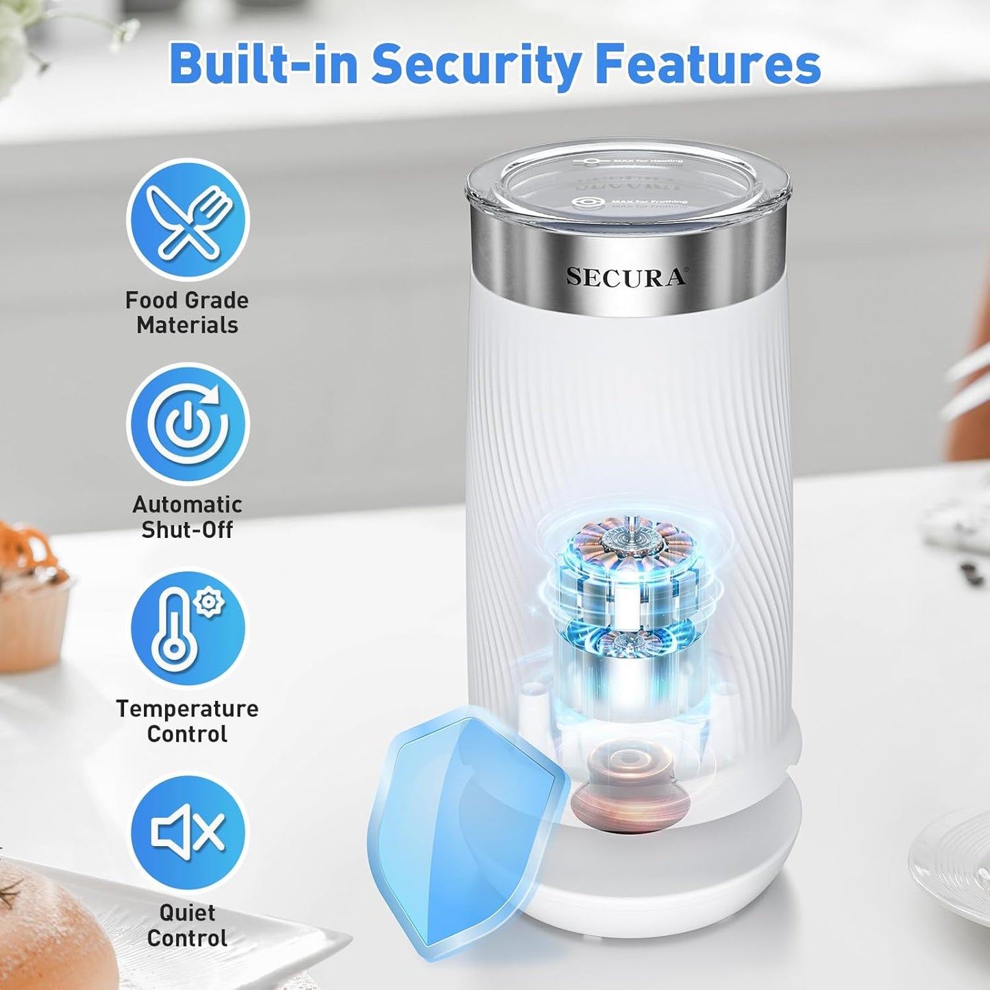 Secura 4-in-1 Electric Milk Frother & Warmer – Hot/Cold Foam Maker for Lattes, Cappuccinos, Macchiatos, Hot Chocolate & Matcha – IPX6 Splashproof, Auto Shut-Off, Teflon-Free & BPA-Free