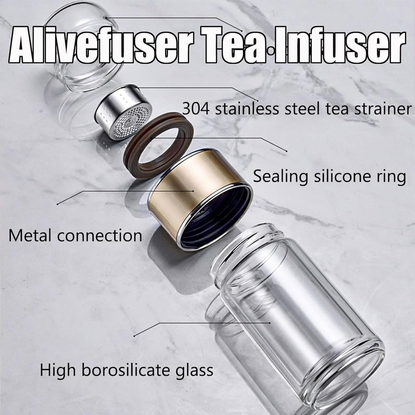 Tryteava Glass Infuser, Tryteava 3-in-1 Smart Tea Infuser, Portable Glass Double Wall Tea Infusers Bottle, with Stainless Steel Filter, Hot & Cold Brew, For Loose Leaf, Office Home (Gold, 420ml)