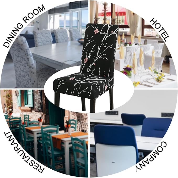 JQinHome Pattern Chair Covers for Dining Room Set of 4, High Stretch Removable Washable Parsons Chair Slipcover for Home Party Hotel Wedding Ceremony (Flourish Black,4PCS)