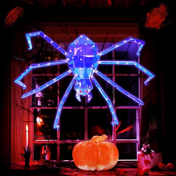 Prismatic Iridescent Giant Spider, 52" Pre-lit Large Outdoor Scary Prismatic Spider Decorations for Halloween 140 LED Light Up Giant Spider Outdoor Halloween Decorations for Garden, Yard, Porch