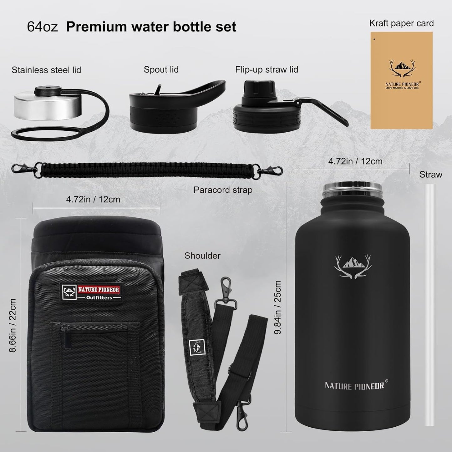 NATURE PIONEOR Insulated Water Bottles with Straw - 64oz Stainless Steel Vacuum Bottle with Holder/Carrier/Sleeve - Reusable 18/8 Food Grade Half Gallon Water Jug