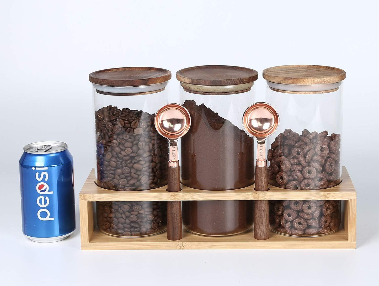 KKC HOME ACCENTS Sealed Glass Food Storage Containers with Airtight Wood Lids and Scoops for Kitchen Counter,Air Tight Sealed Glass Jars for Coffee,Loose Leaf Tea,Brown Sugar,39 Fluid Ounces