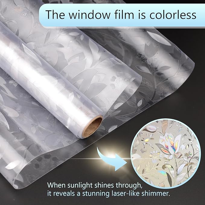 HIDBEA Window Privacy Film, 3D Stained Glass Static Cling - Sun Blocking Anti-UV Heat Control, Reusable Decorative Film for Home/Office Doors, Rainbow Tulip Design (17.5 in x 78.7 in)