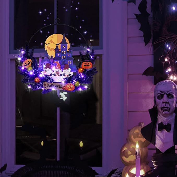 Lighted Halloween Wreaths for Front Door, Welcome Metal Wooden Door Wreath Decor Hanging Sign, 30 LED Lighted Wall Decor Battery Operated for Halloween Indoor Outdoor (Dwarf)