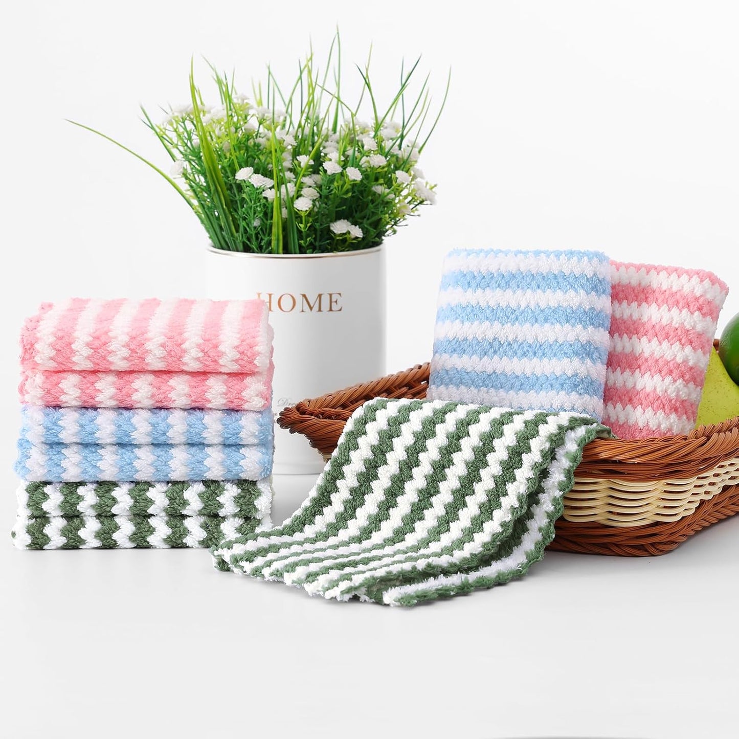 Homaxy 12 Pack Kitchen Dish Cloths, Ultra Soft and Absorbent Dish Towels, Reusable Fast Drying Microfiber Cleaning Cloth, Coral Velvet Wave Design No-lint, 10 x 10 inches, Blue/Pink/Grass Green