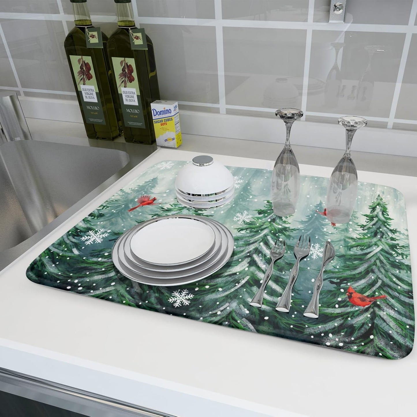 Winter Pines Tree Dish Drying Mats for Kitchen Counter, Christmas Tree Dish Mat Absorbent Reversible Microfiber Dish Drying Pad Winter Kitchen Drying Mat Dish Drainer Rack Mats for Coffee Bar 18"x24"