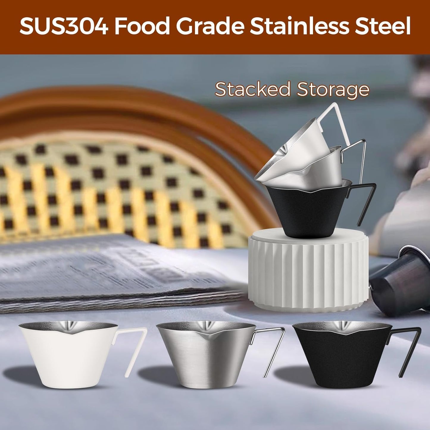 2 Pcs Stainless Steel Espresso Cups with Handle, Double Spout Metal Measuring Cup with Dual Scale, Espresso Shot Cup with V-Shaped Mouth, 3.4oz/100ml (Black)