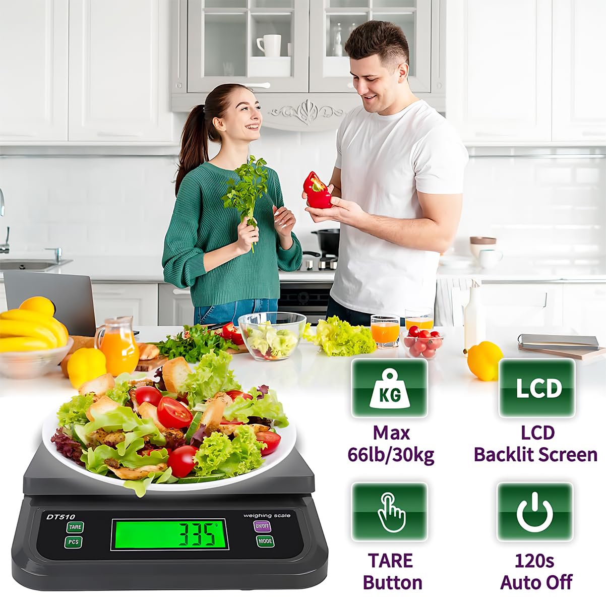 66LB 30kg Large Digital Kitchen Scale Food Scale for Baking Cooking Bread Meat Scales with Tare and Prep Counting LCD Display with Adapter, 6 Unit (Grey, 30kg)