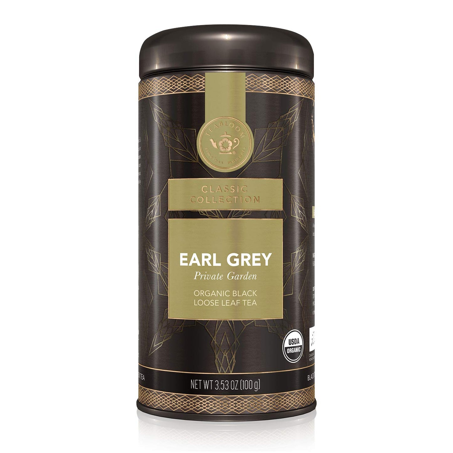 Teabloom Organic Black Tea, Earl Grey Private Garden Loose Leaf Tea, Classic Assam Whole Leaf Blend, USDA Certified Organic, Kosher Certified, 3.53 Ounce Loose Leaf Tea Canister Makes 35-50 Cups
