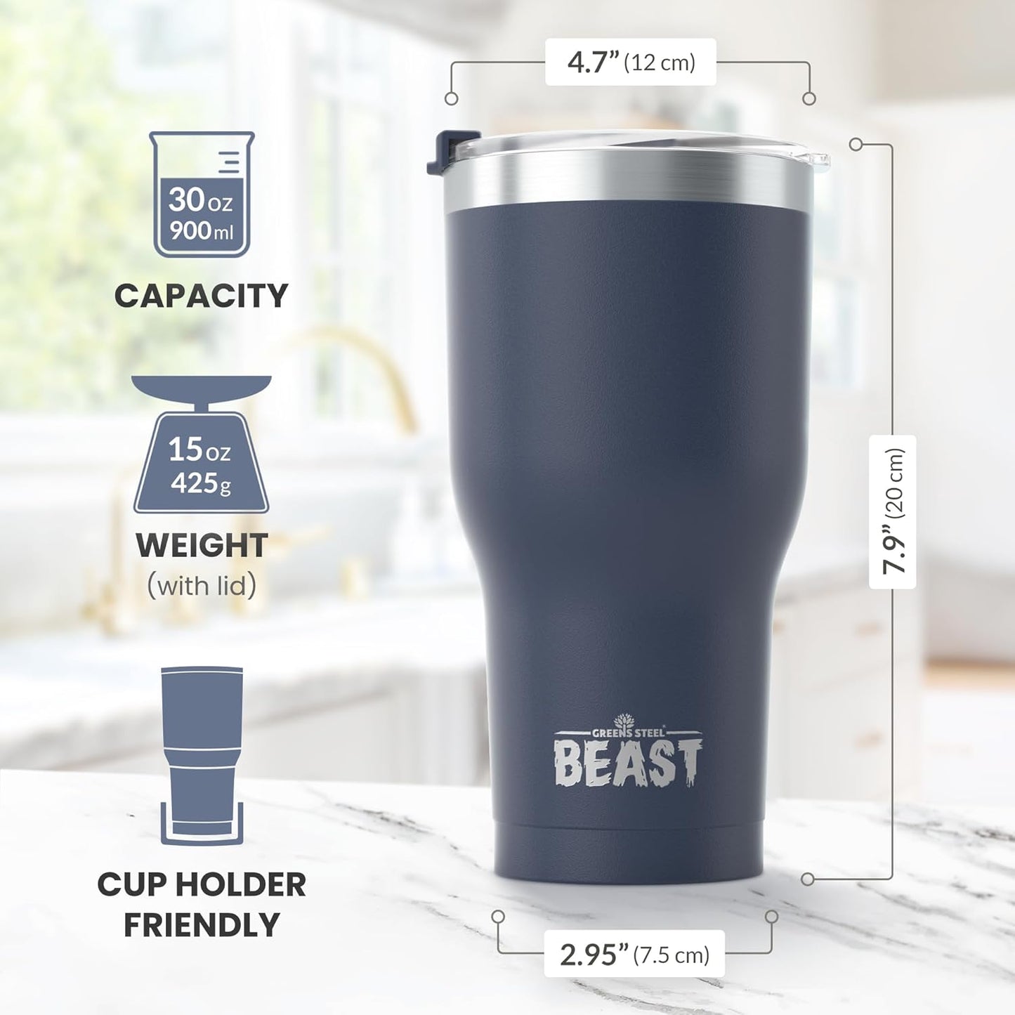 Beast 30 oz Tumbler Stainless Steel Vacuum Insulated Coffee Ice Cup Double Wall Travel Flask (Navy Blue)