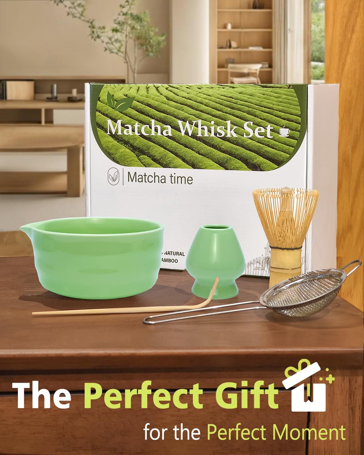 Matcha Whisk Set with Matcha Bowl, Matcha Whisk Holder Matcha Bamboo Whisk, Scoop, Sifter, Unique Gifts for Women Men Girl Friend Home Kitchen Decor(Light Green)