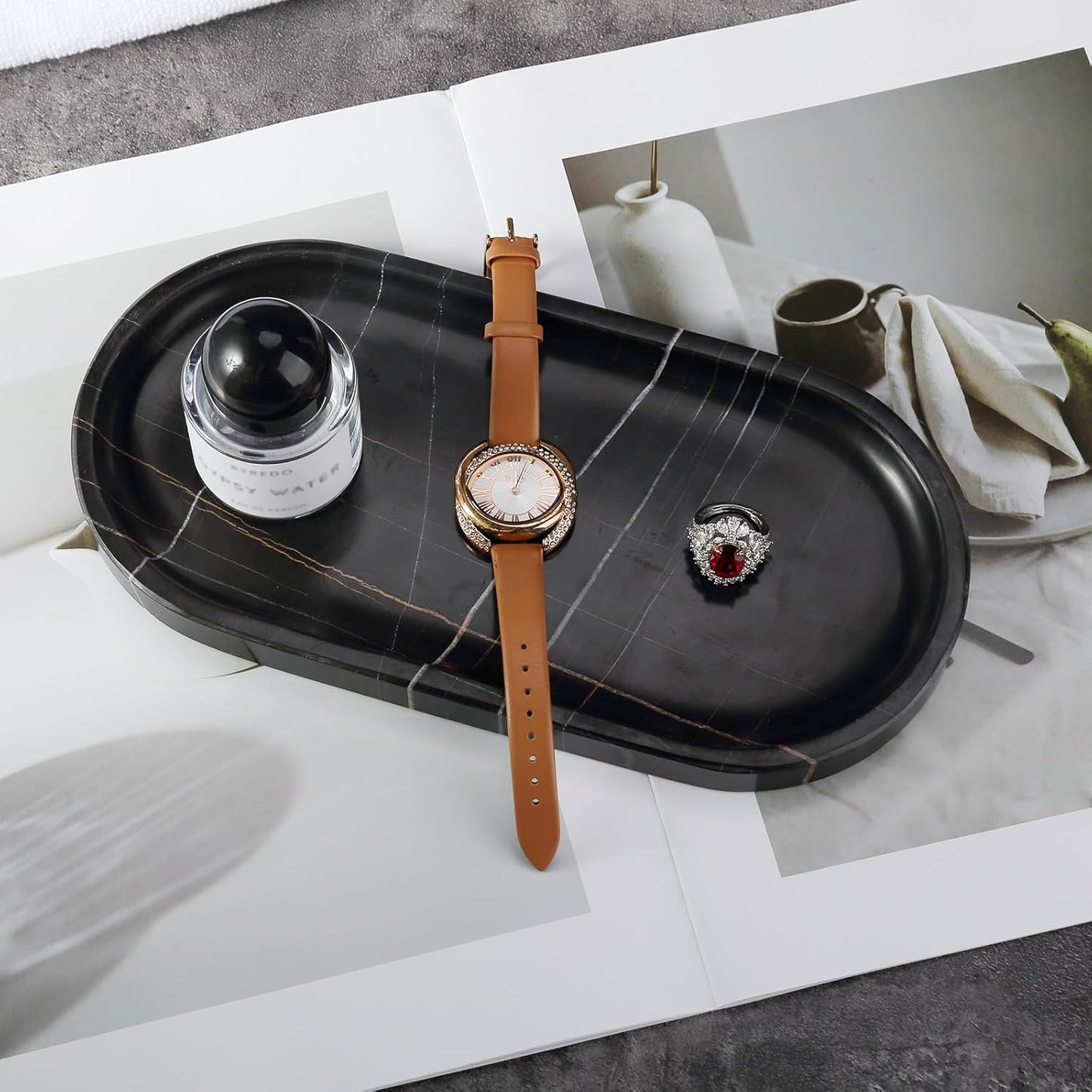 Koville Black Marble Vanity Tray for Bathroom Countertop, 10"x5" Natural Marble Catchall Tray Perfume Trays for Dresser, Stone Jewelry Dish Candle Holder for Home Decor, Stone Oval Trays