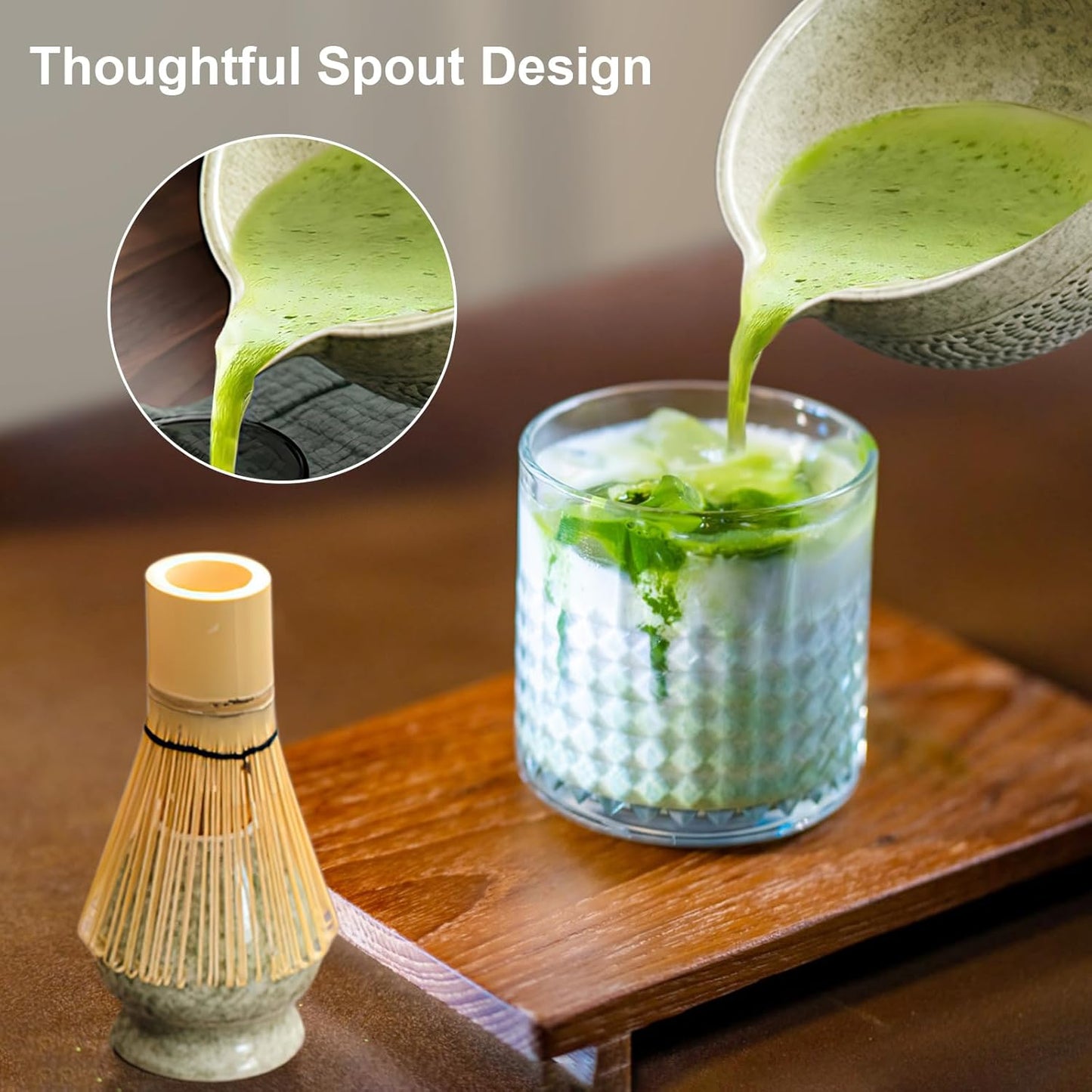 Matcha Whisk Set, Ceramic Matcha Set, Matcha Bowl with Spout, Matcha Whisk & Holder, Sifter and Bamboo Scoop, 5 Pcs Matcha Kit, Matcha Tea Ceremony Gifts for Matcha Lovers & Starter (Matcha Green)