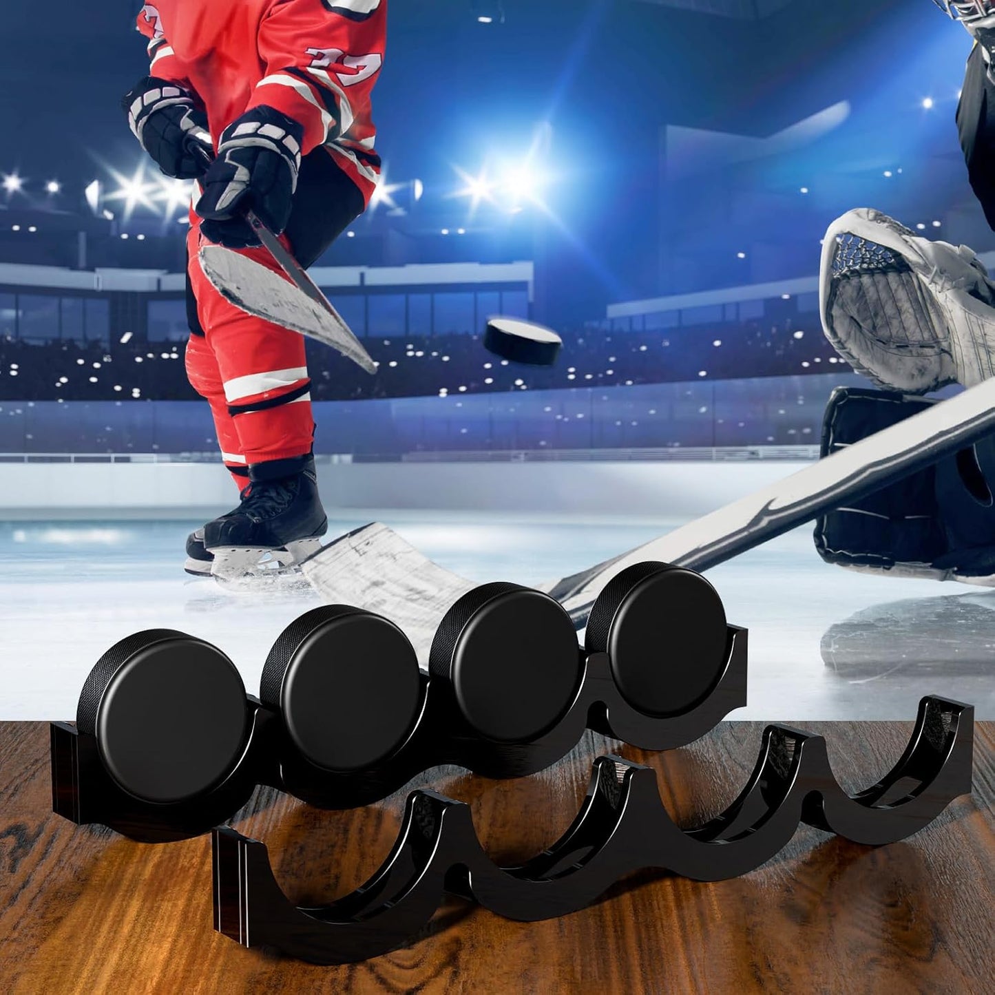 Cosmos 2 Pcs Hockey Puck Display Case Acrylic Hockey Puck Holder for 4 Pucks, Wall Mount Ice Hockey Puck Display Shelf Storage Rack for Collecting Pucks and Room Decoration, 14.6 x 2.2 x 1 in (Black)