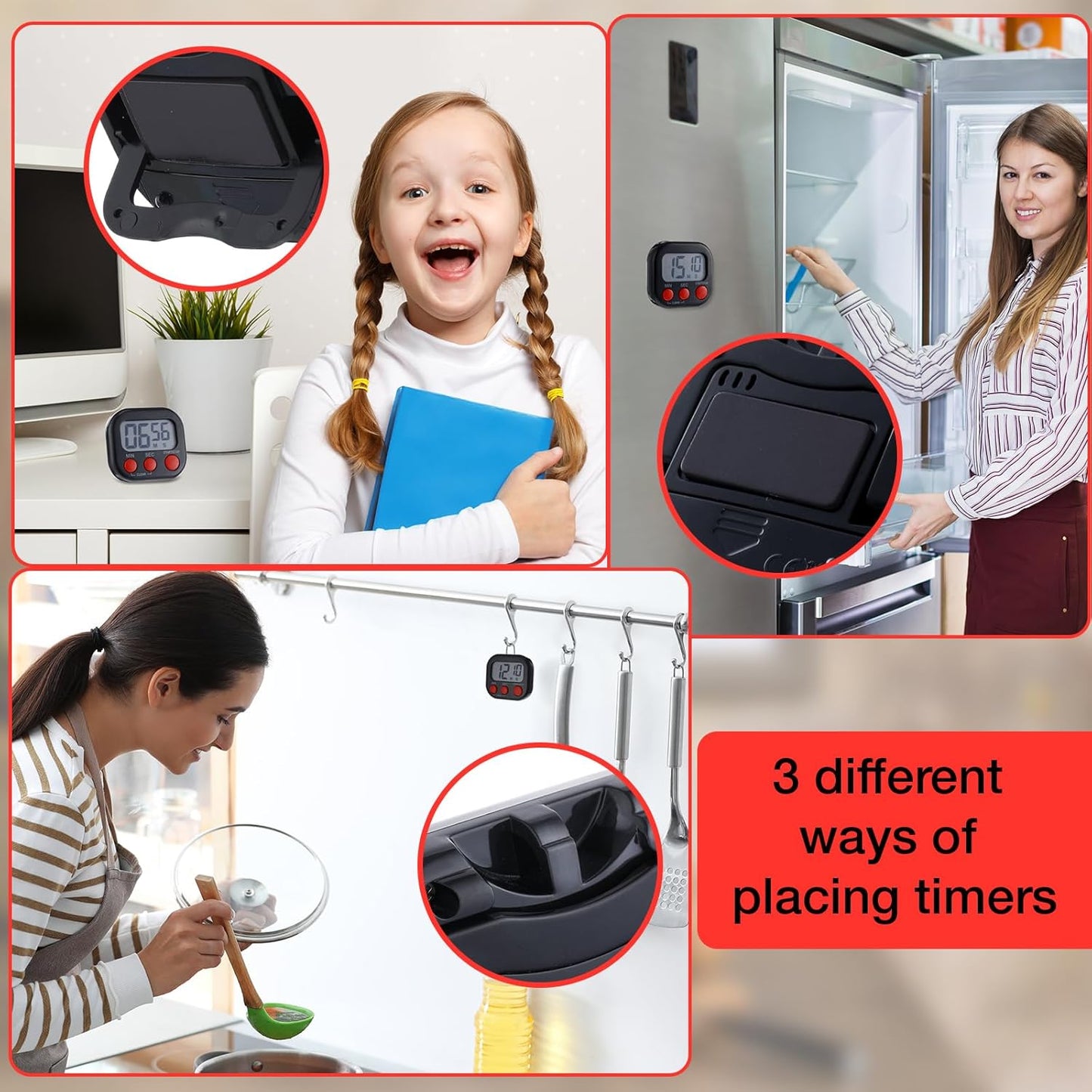 Leumoi 24 Pcs Digital Kitchen Timers Magnetic Back Timers Bulk Large Screen Loud Alarm On/Off Switch Minute Second Count up Countdown Memory Setting for Cooking Classroom Exercise(Black and Red)