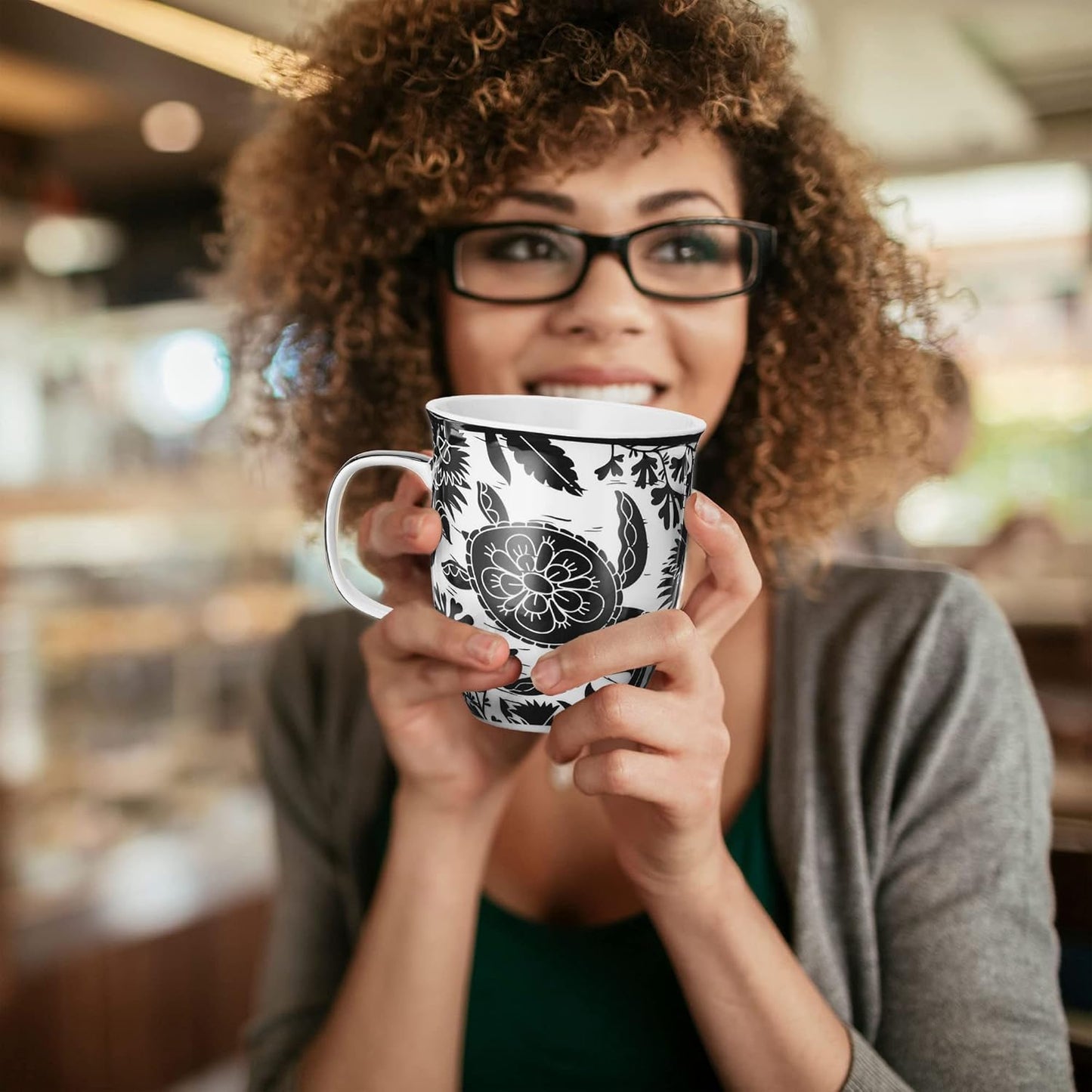 Karma Gifts 16 oz Black and White Boho Mug Sea Turtle - Cute Coffee and Tea Mug - Ceramic Coffee Mugs for Women and Men, 1 Count (Pack of 1)