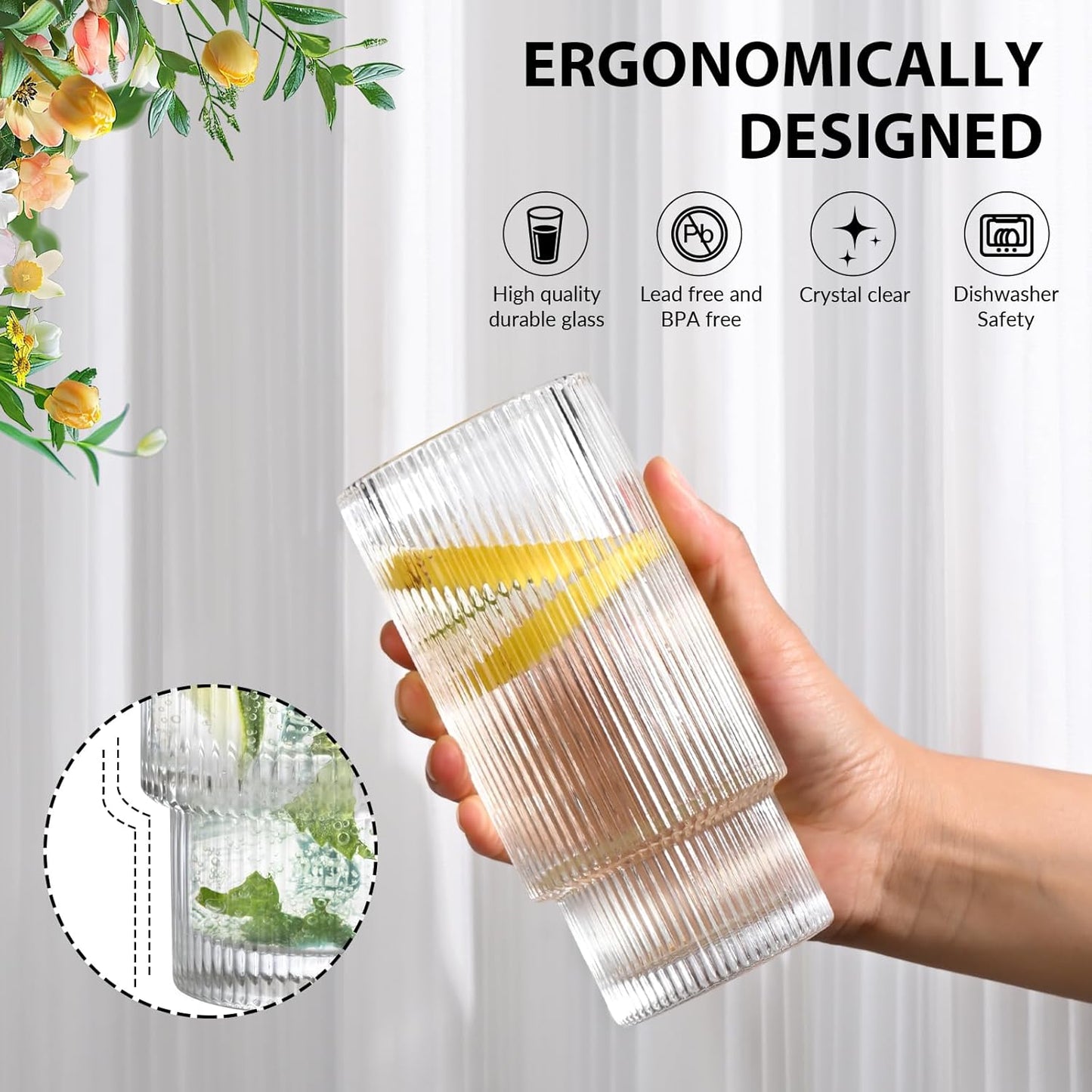 16OZ Ribbed Glass Cups with Lids and Straws,Iced Coffee Cups with Bamboo Lid,Vintage Glassware for Whiskey Cocktail Beer Fruit Juice Glasses Tumbler(2 Pack)