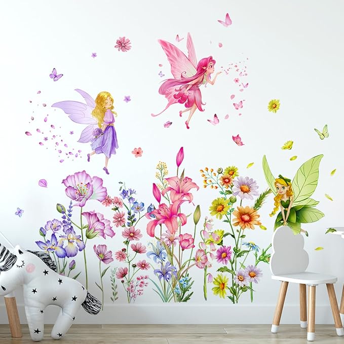 Set of 3 Sheets Size 40x12 Inch Spring Summer Window Cling Sticker Angels, Flowers, and Butterfly Window Stickers, Spring and Summer Decor, Wall, Window Glass Display Stickers (Fairy Theme)