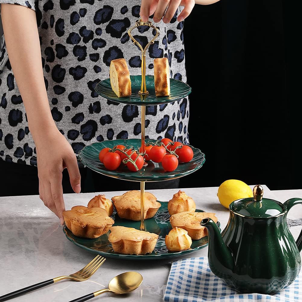 Sweejar 3 Tier Ceramic Cake Stand Wedding, Dessert Cupcake Stand for Tea Party Serving Platter (Jade)