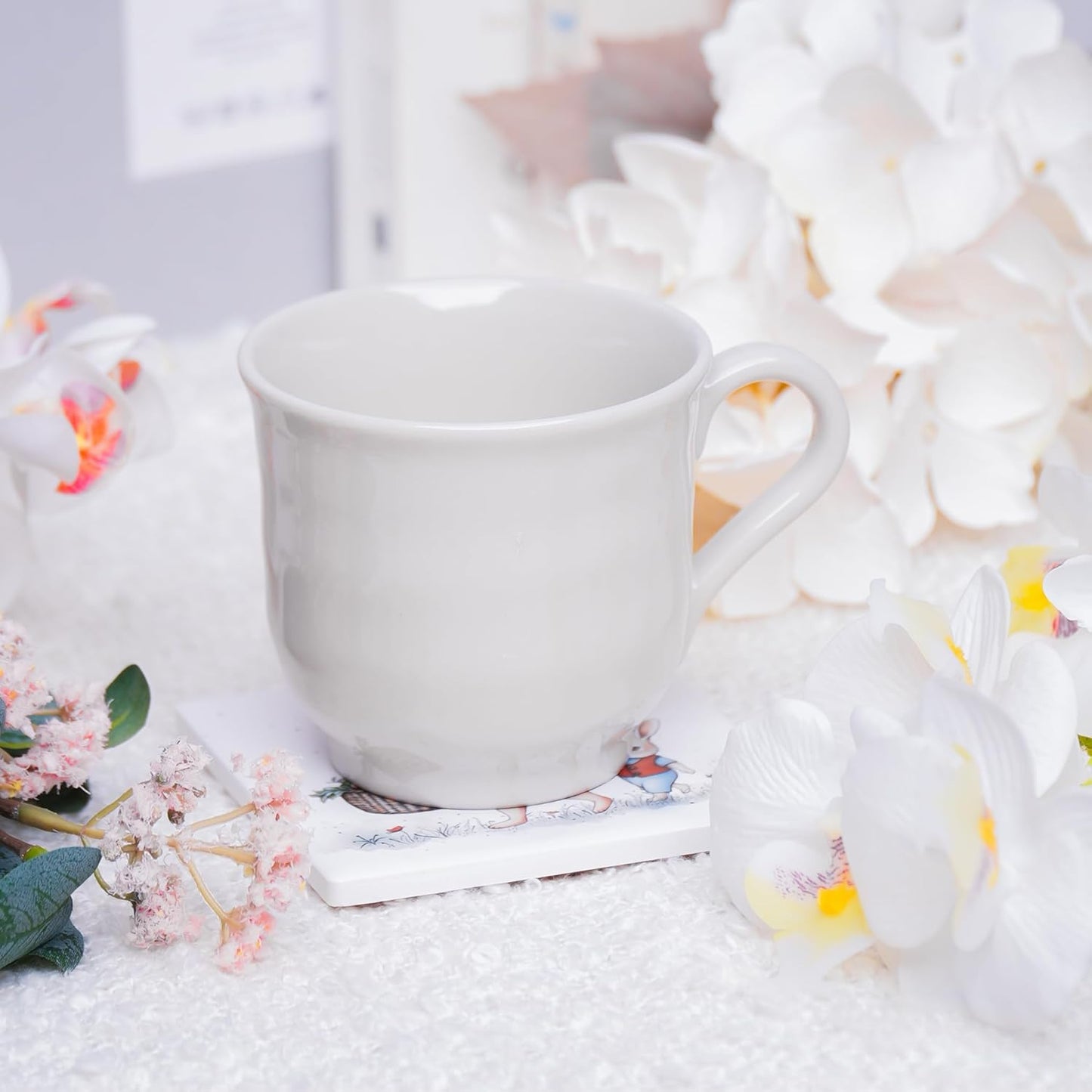 Ceramic Coasters Set of 4 – Square Drink Coasters with Cork Backing, 3.9x3.9 Inches – Decorative Printed Designs for Home, Office, or Gift Use (Mama Rabbit)