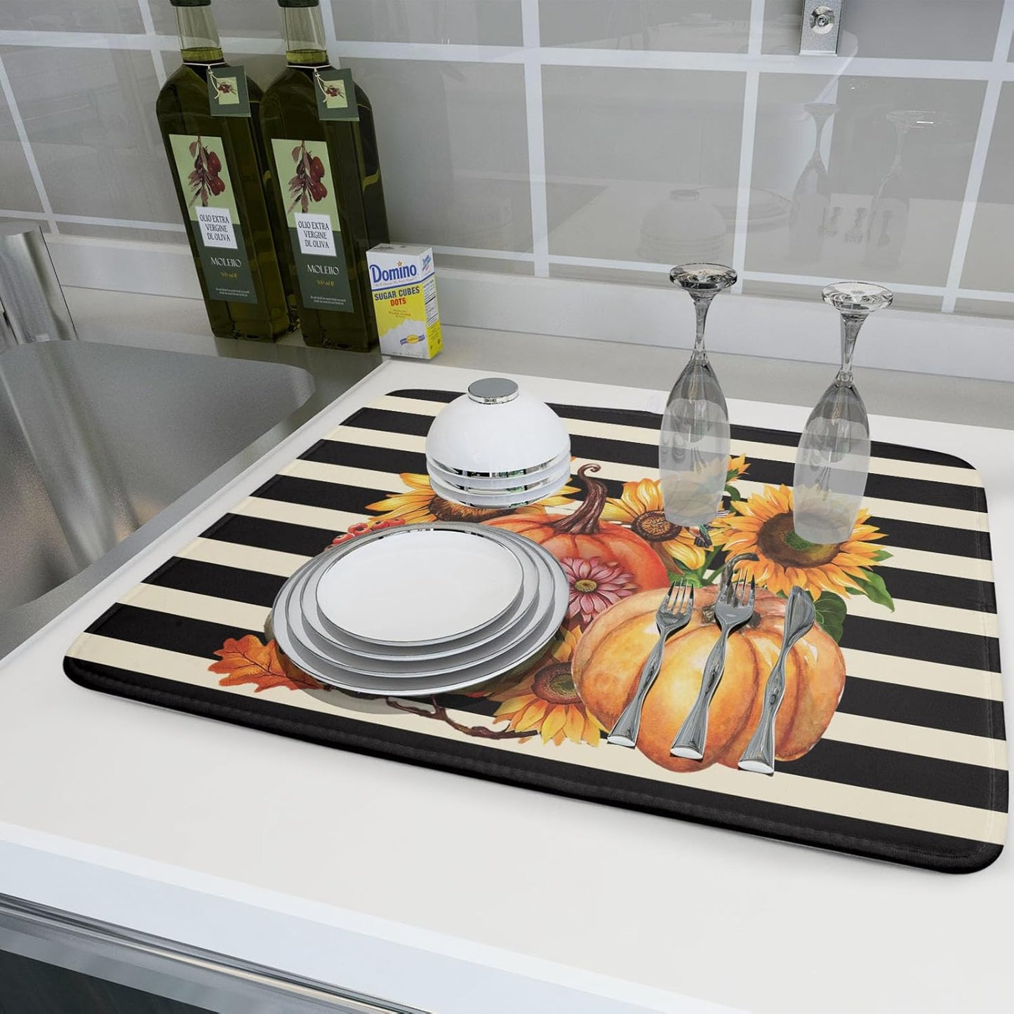 Sunflower Pumpkin Dish Drying Mat for Kitchen Counter,Black and White Stripe Drying Mat 18 x 24 Inch with Absorbent Reversible Microfiber Dish Drying Pad Dish Rack Drainer Mat for Coffee Bar