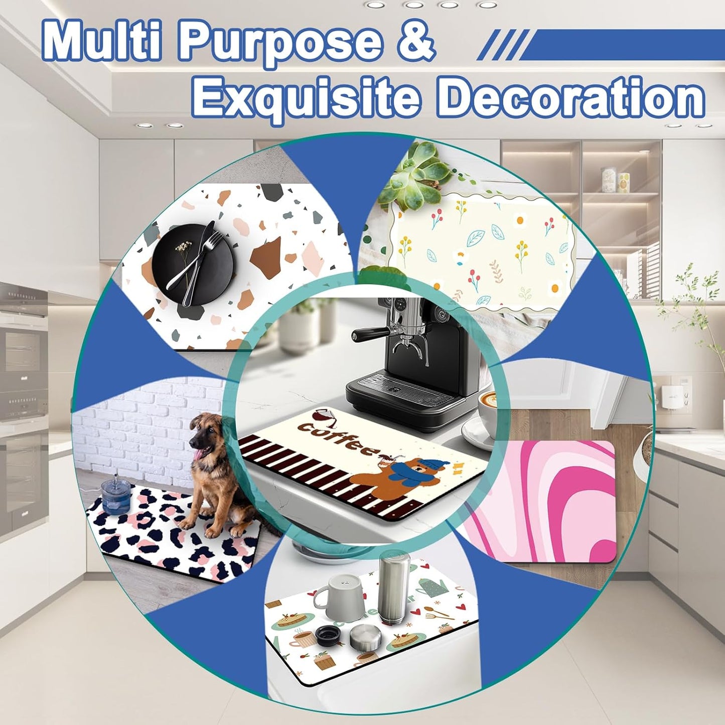 Dish Drying Mat for Kitchen Counter, 12" X 20" Absorbent Coffee Bar Mat Rubber Backing, Easy to Clean Kitchen Drying Matt for Dishes, Utensils, Countertops, Outlined Floral