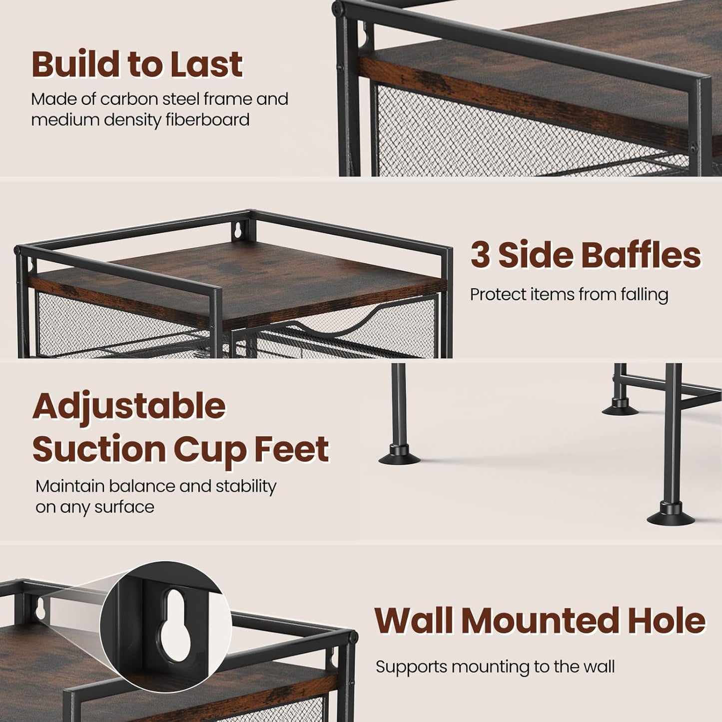 Coffee Bar Organizer Countertop, 2 Tier Mug Cup Holder Stand with 10 Hooks, 60 K Cup Coffee Pod Drawer with Mug Rack, Multifunctional Shelf Organizer for Kitchen, Vintage Brown