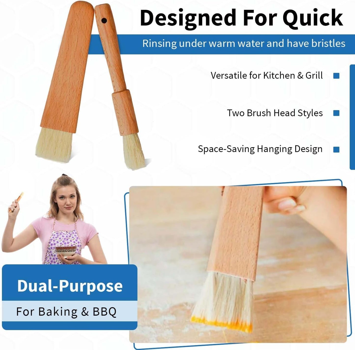 ANGEL’S PEEL LOUNGE Pastry Brush for Baking - Basting Brush with Wooden Handle Flat and Round Heads - Food Brushes for Cooking - Best for BBQ, Egg, Butter, Oil and Sauce – 2 PCS