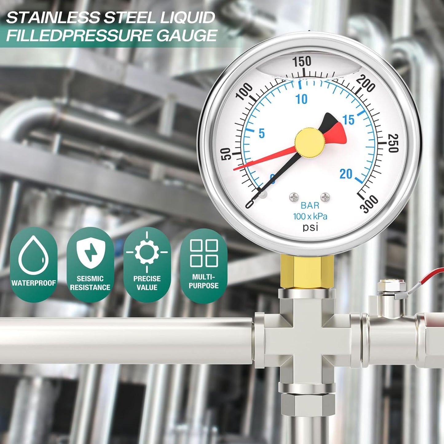 0-300PSI Stainless Steel with Reset Pointer Liquid Filled Pressure Gauge, 2.5" Dial Size, 1/4" NPT Lower Mount, for Tube, Water Pump, Gas, Liquid, Pressure Test